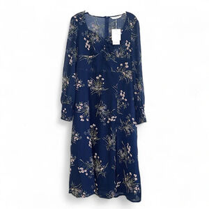 Commense Navy Blue Floral Midi Dress Wedding Guest Babydoll Sheer  Women’s L